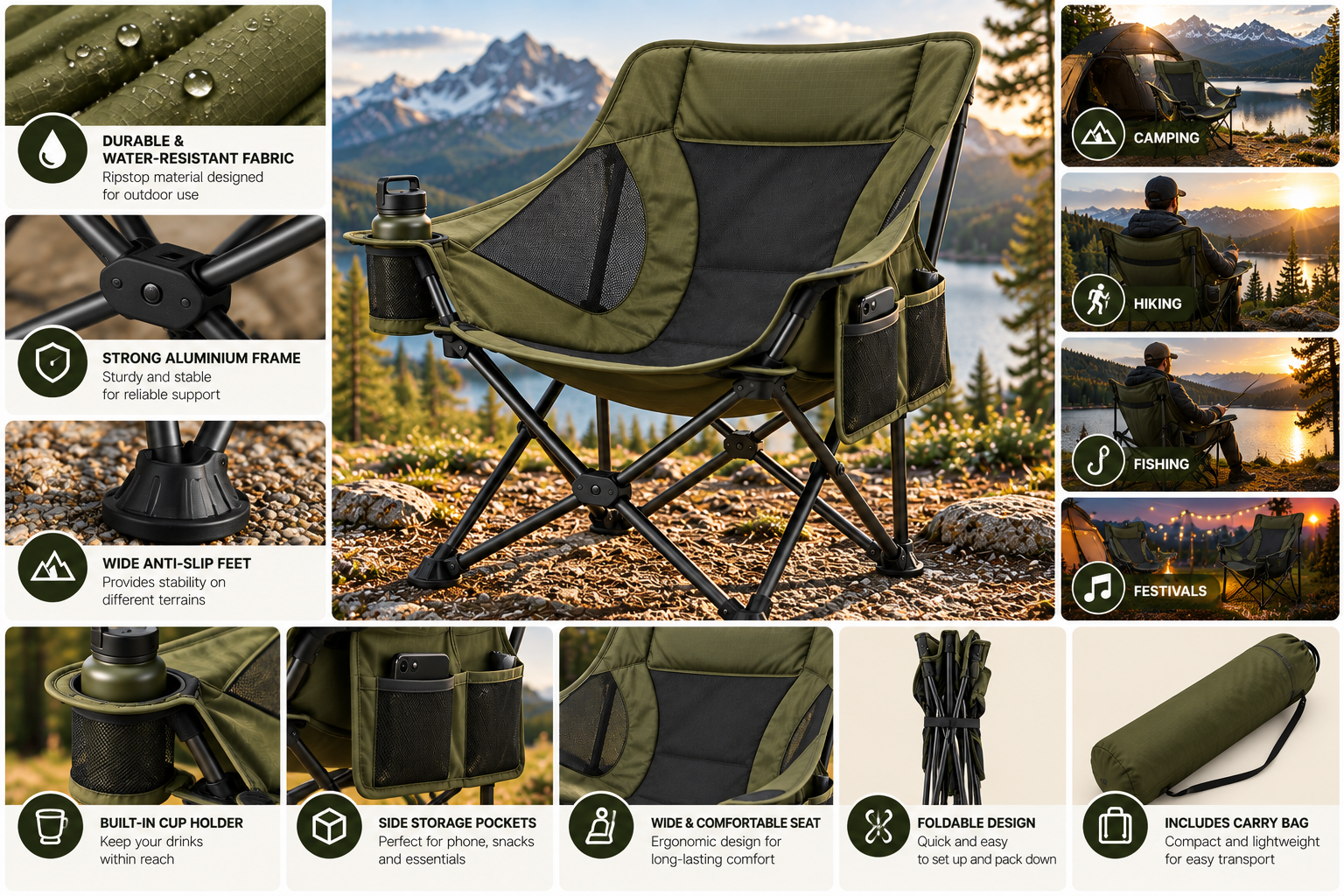 Premium Folding Camping Chair with Cup Holder & Carry Bag - Image 2