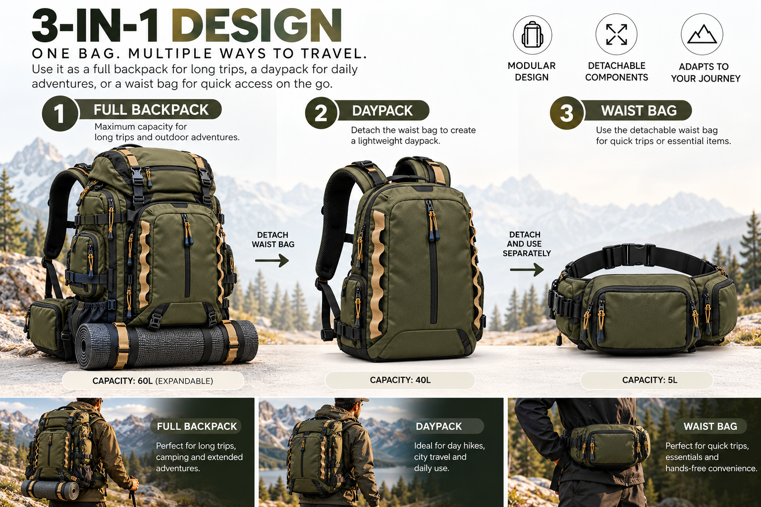 3-in-1 Travel & Camping Backpack – Expandable Hiking Backpack with Detachable Daypack & Waist Bag - Image 4