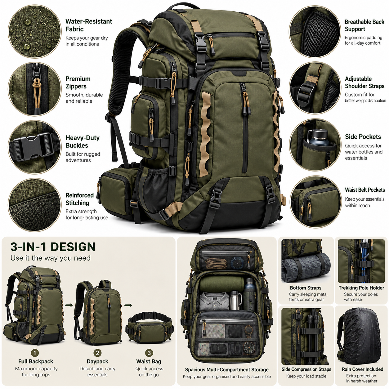 3-in-1 Travel & Camping Backpack – Expandable Hiking Backpack with Detachable Daypack & Waist Bag - Image 3