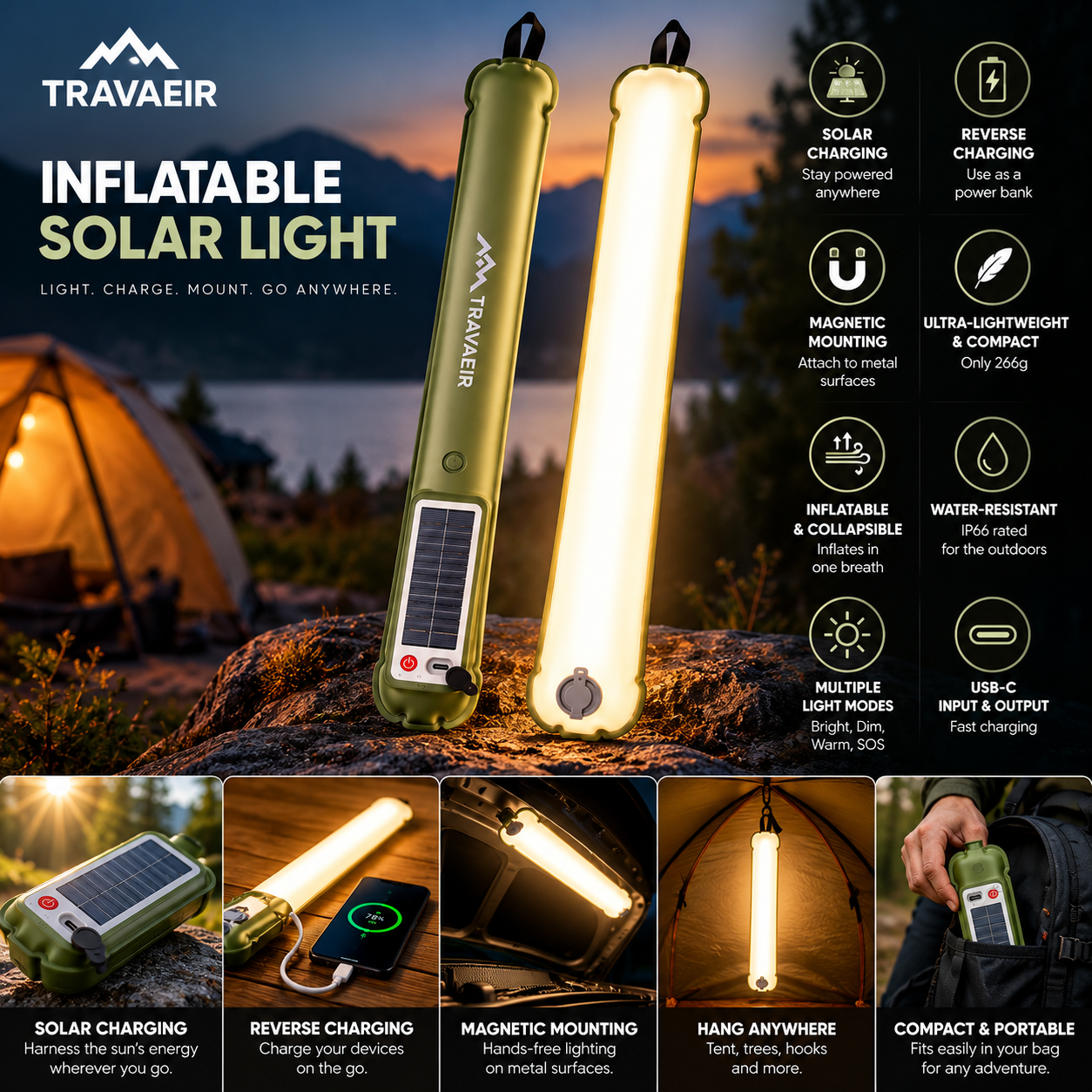 Inflatable Solar Camping Lantern Rechargeable LED Light with Power Bank & Magnetic Mount - Image 6