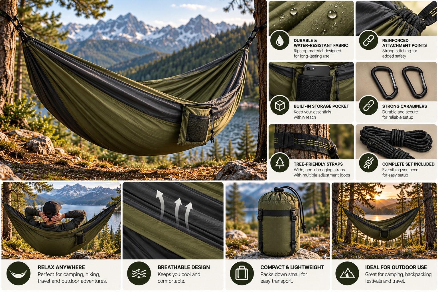 Lightweight Camping Hammock with Tree Straps - Image 2